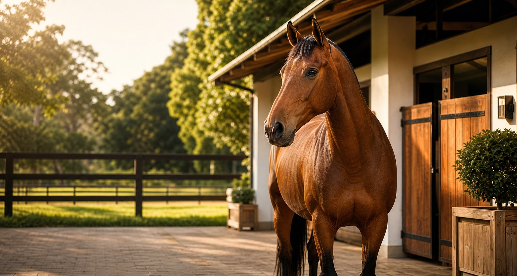 Horse standing in a clean stable yard