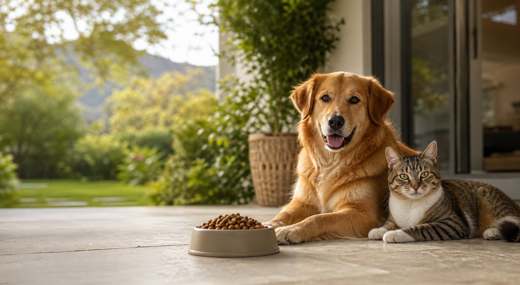 Dog and cat resting in a home garden