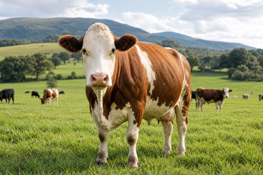 Cow standing in a green pasture