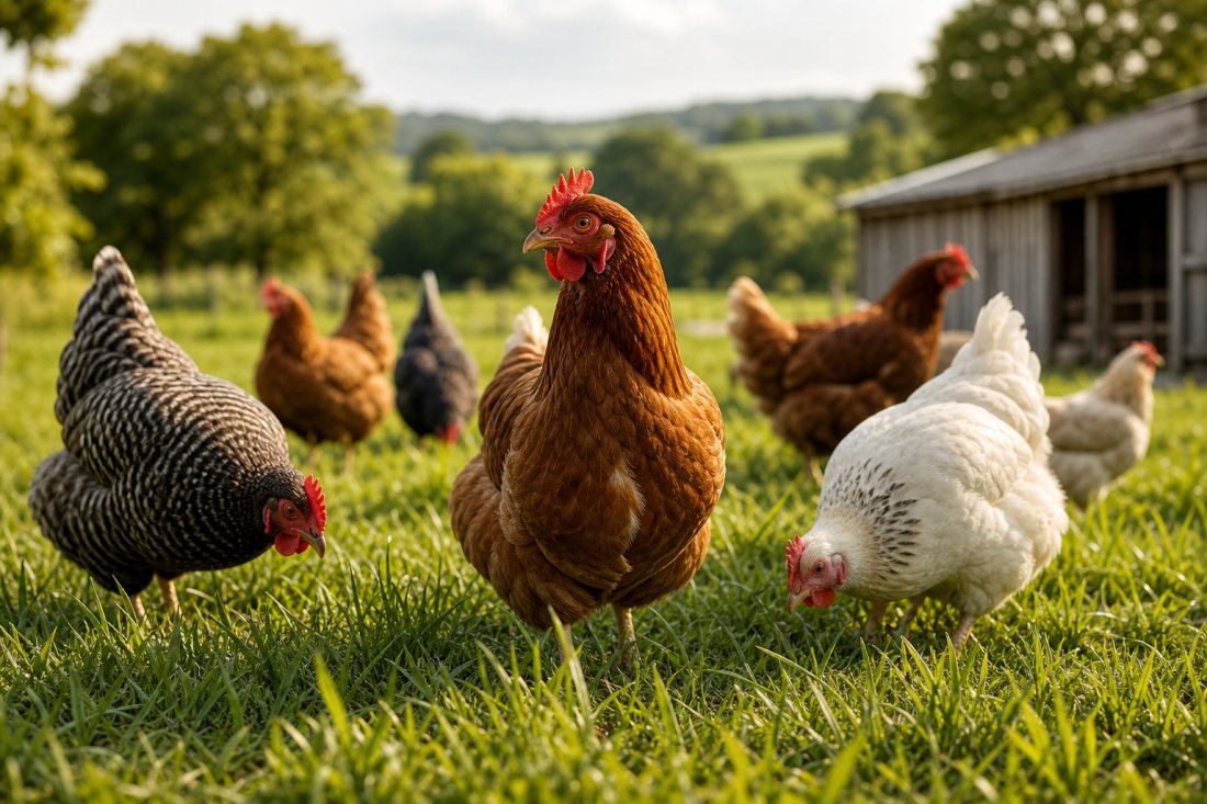 Free range chickens on grass