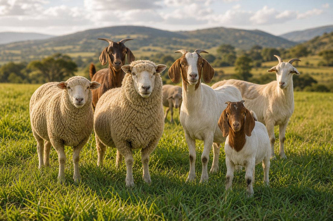 Sheep and goats in a pasture